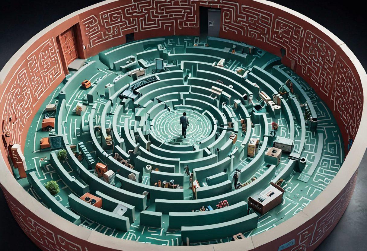 An intricate maze symbolizing the journey of understanding insurance, with pathways labeled 'Coverage' and 'Claims' leading to a bright open space. Include a person thoughtfully examining a large insurance document at the maze entrance, surrounded by various insurance symbols like shields and checkmarks. The overall mood is enlightening and engaging, emphasizing clarity amidst confusion. vibrant colors. super-realistic.