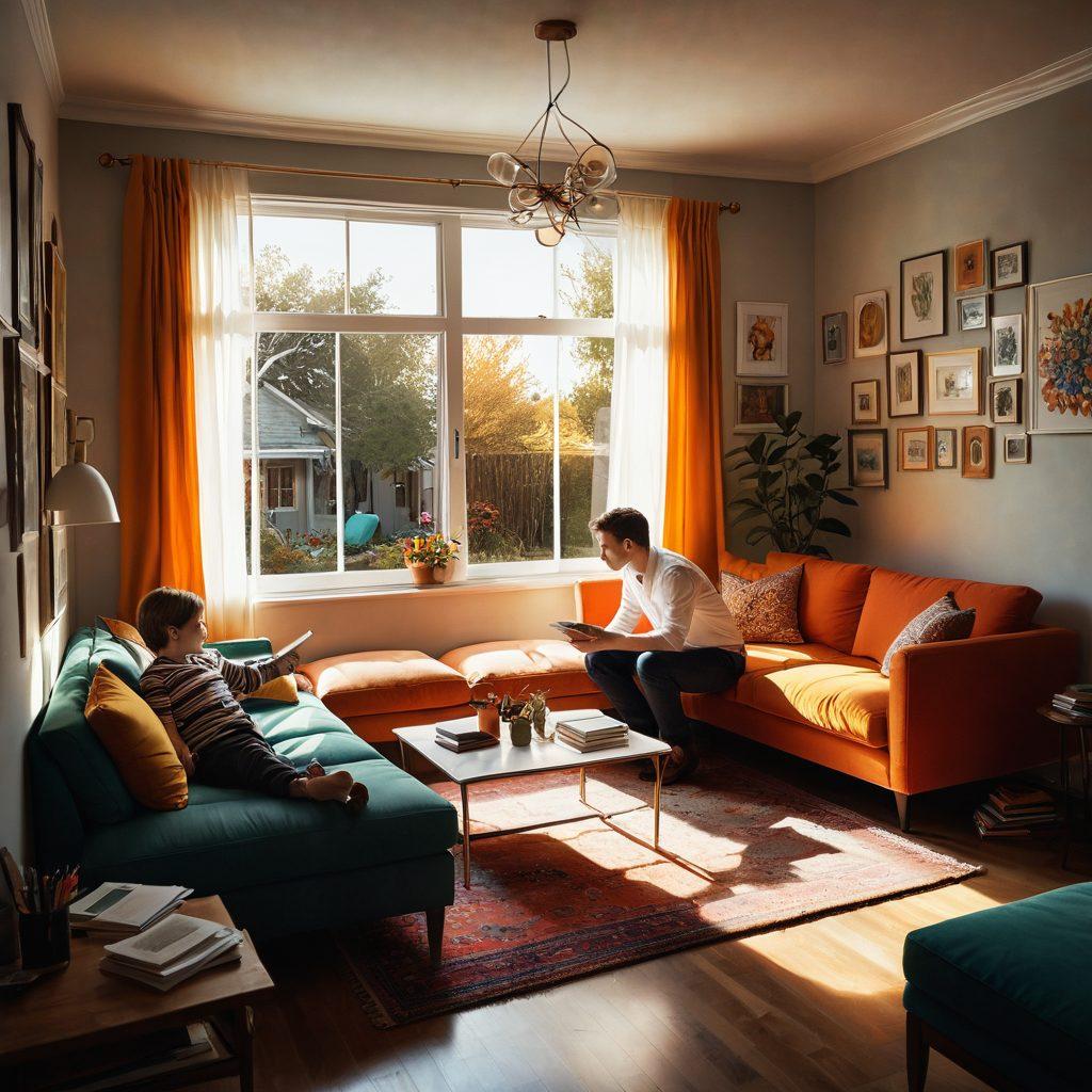 A split scene contrasting a bright, inviting living room where a family is happily engaging with each other, and a shadowy figure lurking outside, peeking through the window, embodying deception. Include magnifying glasses and documents scattered around, symbolizing investigation and awareness. Use warm colors on one side and darker tones on the other to depict the disparity. surreal art. vibrant colors. white background.